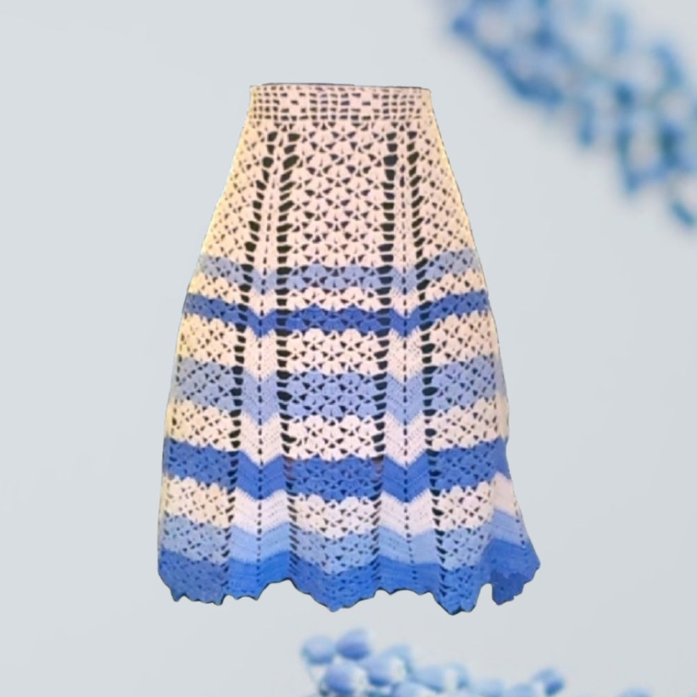 Handmade Crocheted Woman's Skirt Style Womens Apron Blue and White Ties in Back